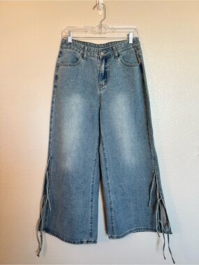 FRIFUL Wide Leg Lace Up Side Slit Cropped Jeans Womens XL 30x26 Light Wash Denim
